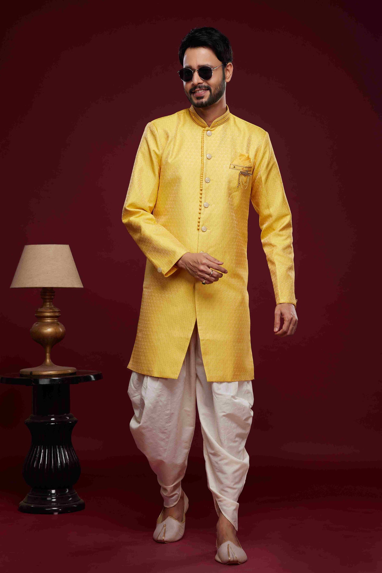Raivat Ethnic Banarasi Jacquard Embroidery Semi Indo Western Sherwani In Yellow Colour