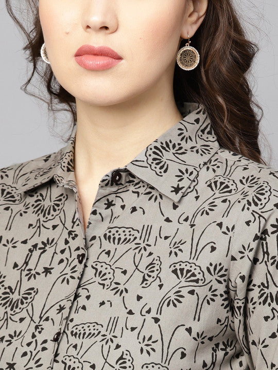 Anayna Women Grey & Black Printed Shirt Dress