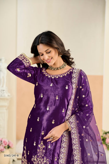 Anaita Violet Ice Velvet Suit With Embroidery Work