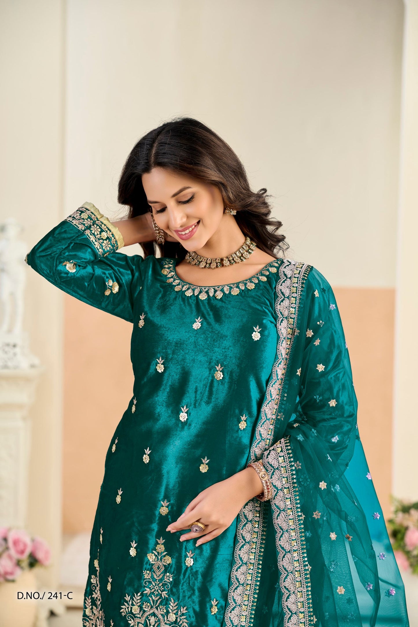 Anaita Teal Blue Ice Velvet Suit With Embroidery Work