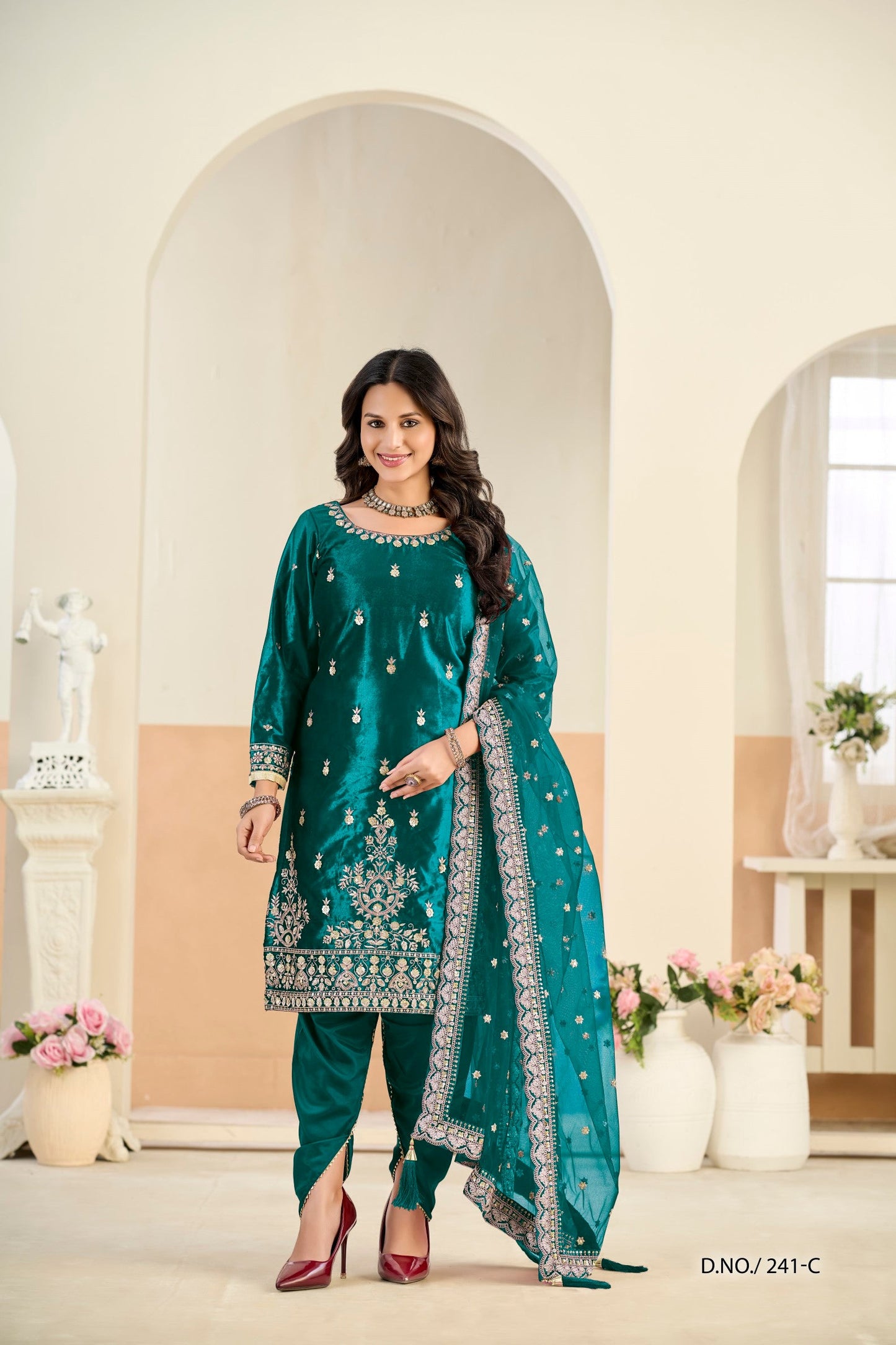 Anaita Teal Blue Ice Velvet Suit With Embroidery Work