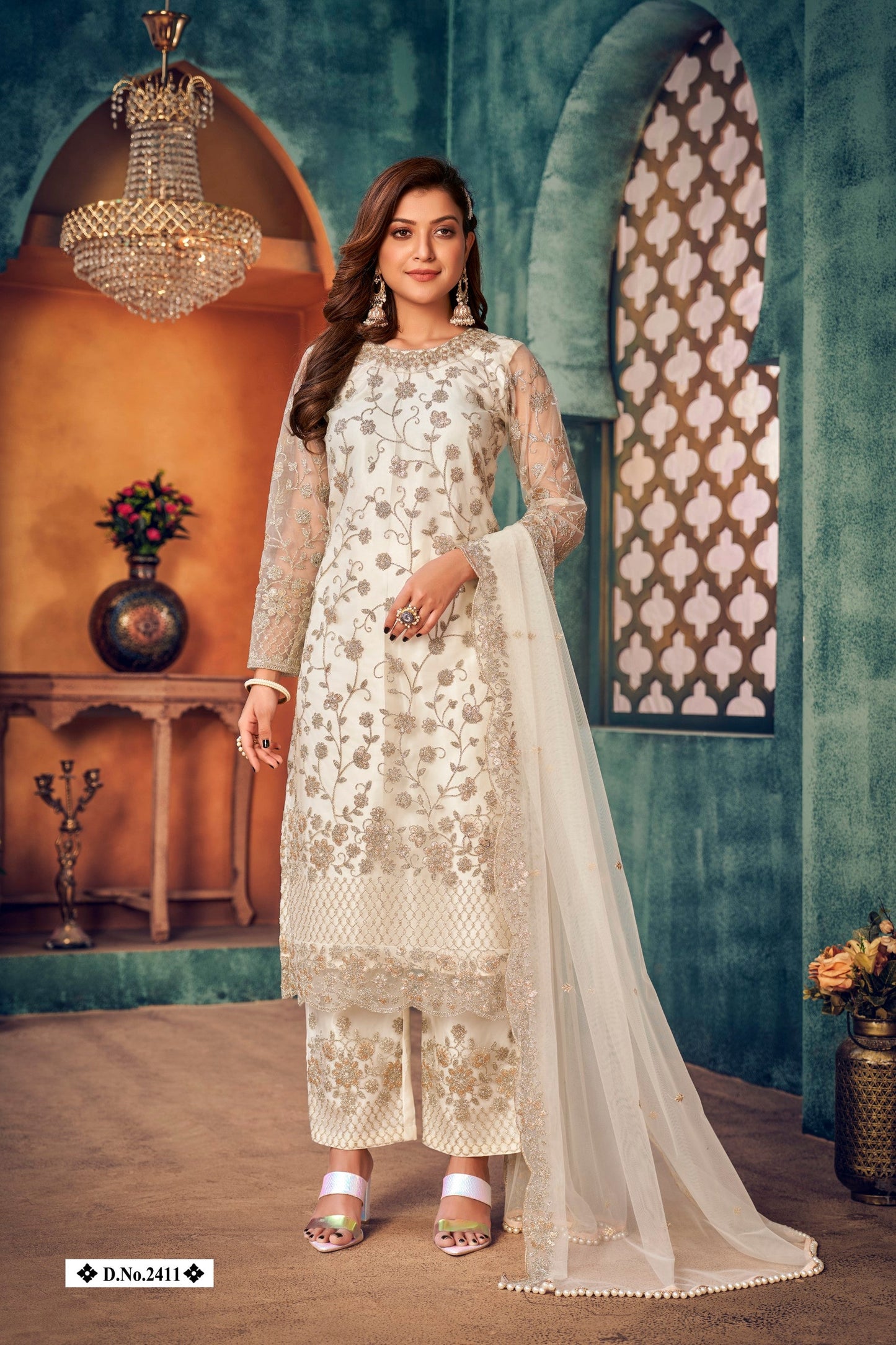Anaita White Embroidered Net Salwar Suit