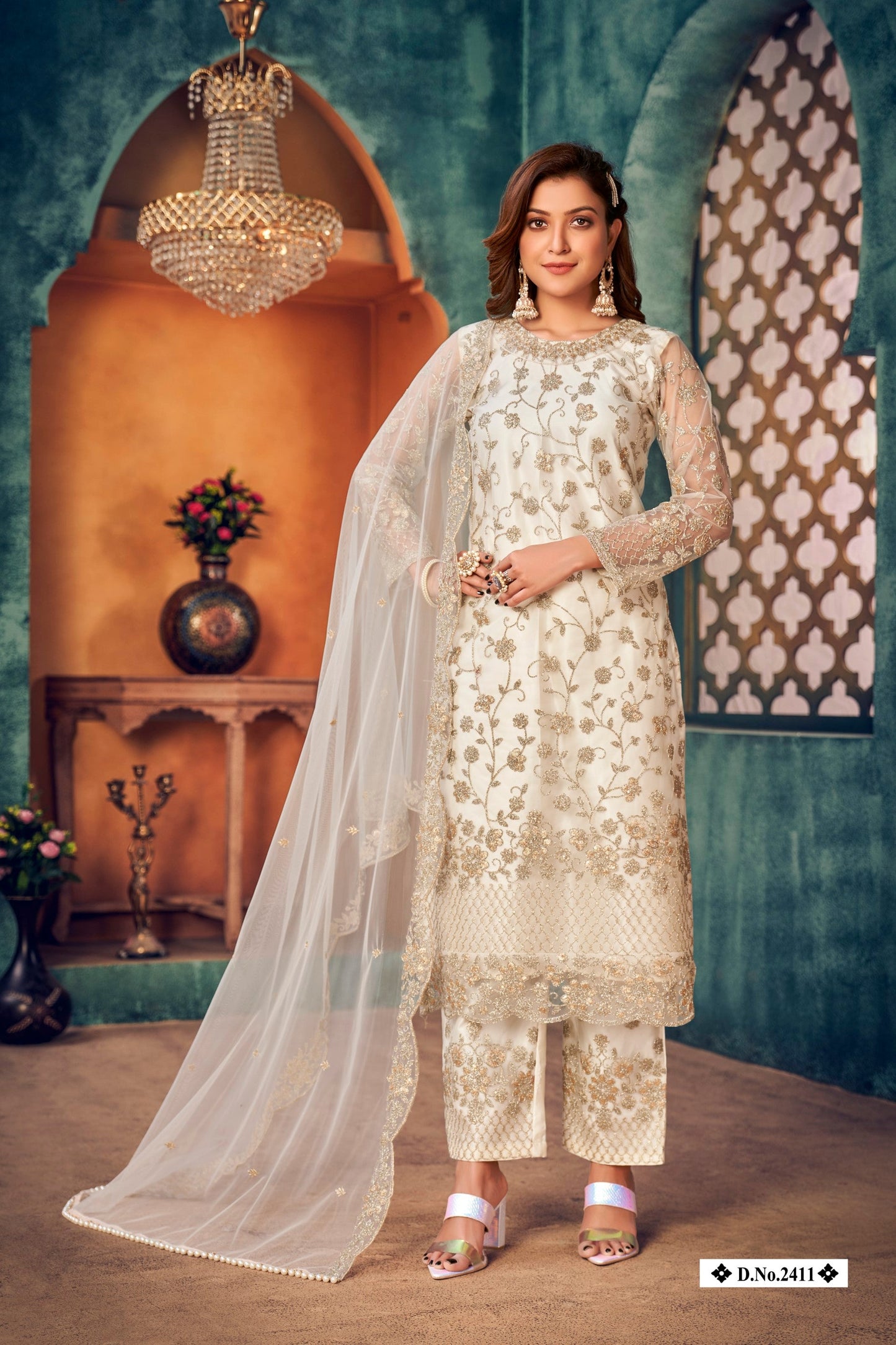 Anaita White Embroidered Net Salwar Suit