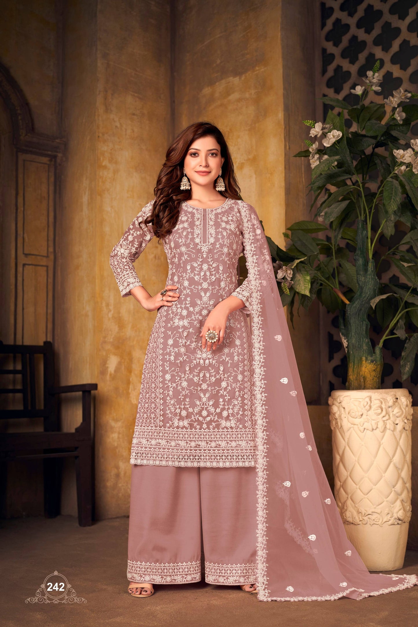 Anaita Light Brown Embroidered Net Plazzo Suit