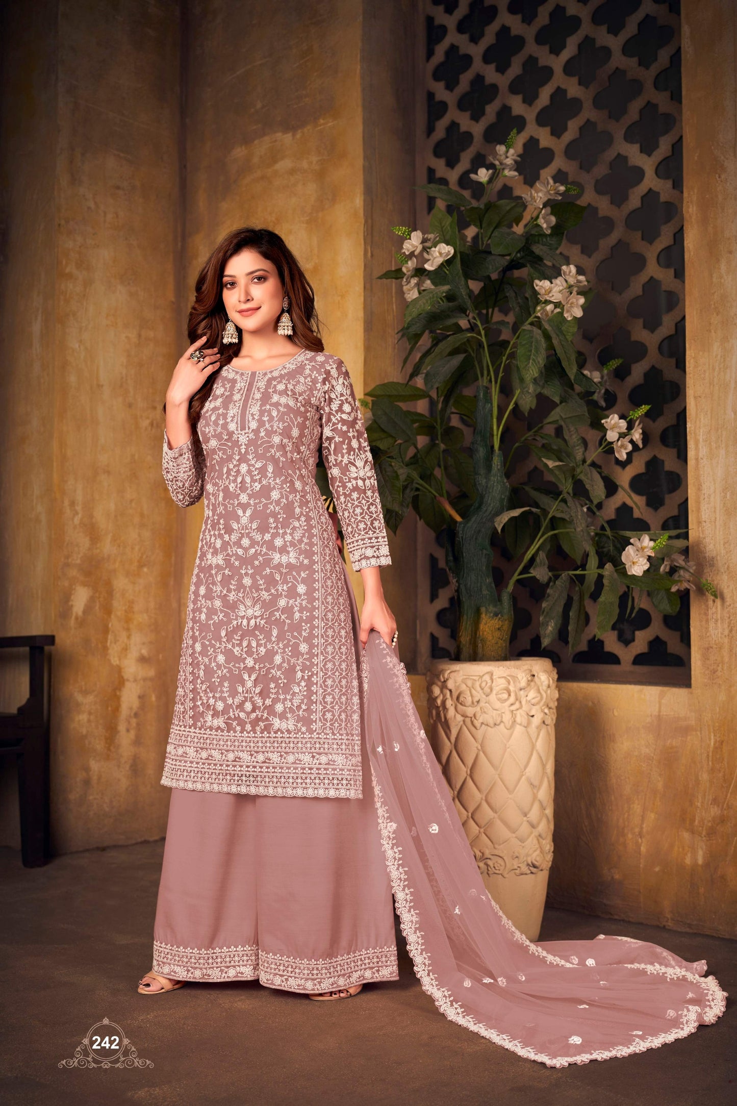 Anaita Light Brown Embroidered Net Plazzo Suit