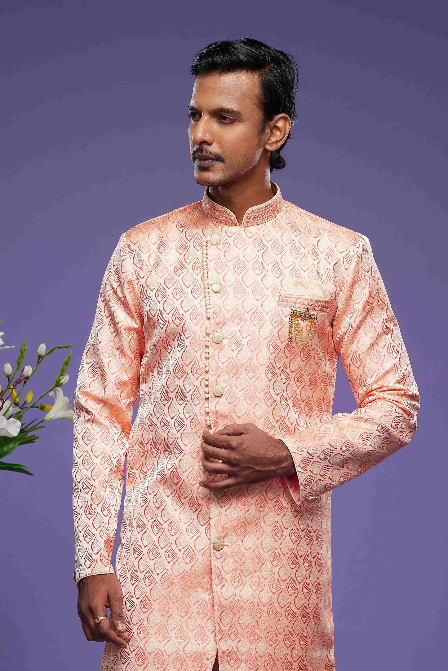 Raivat Ethnic Banarasi Jacquard Embroidery Semi Indo Western Sherwani In Pink Colour