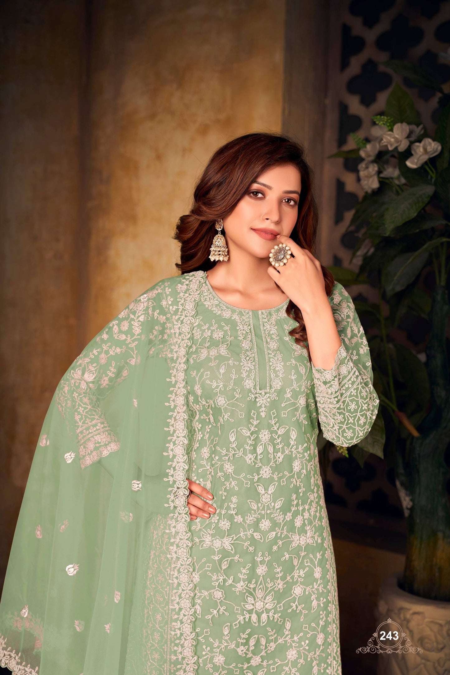 Anaita Light Green Embroidered Net Plazzo Suit