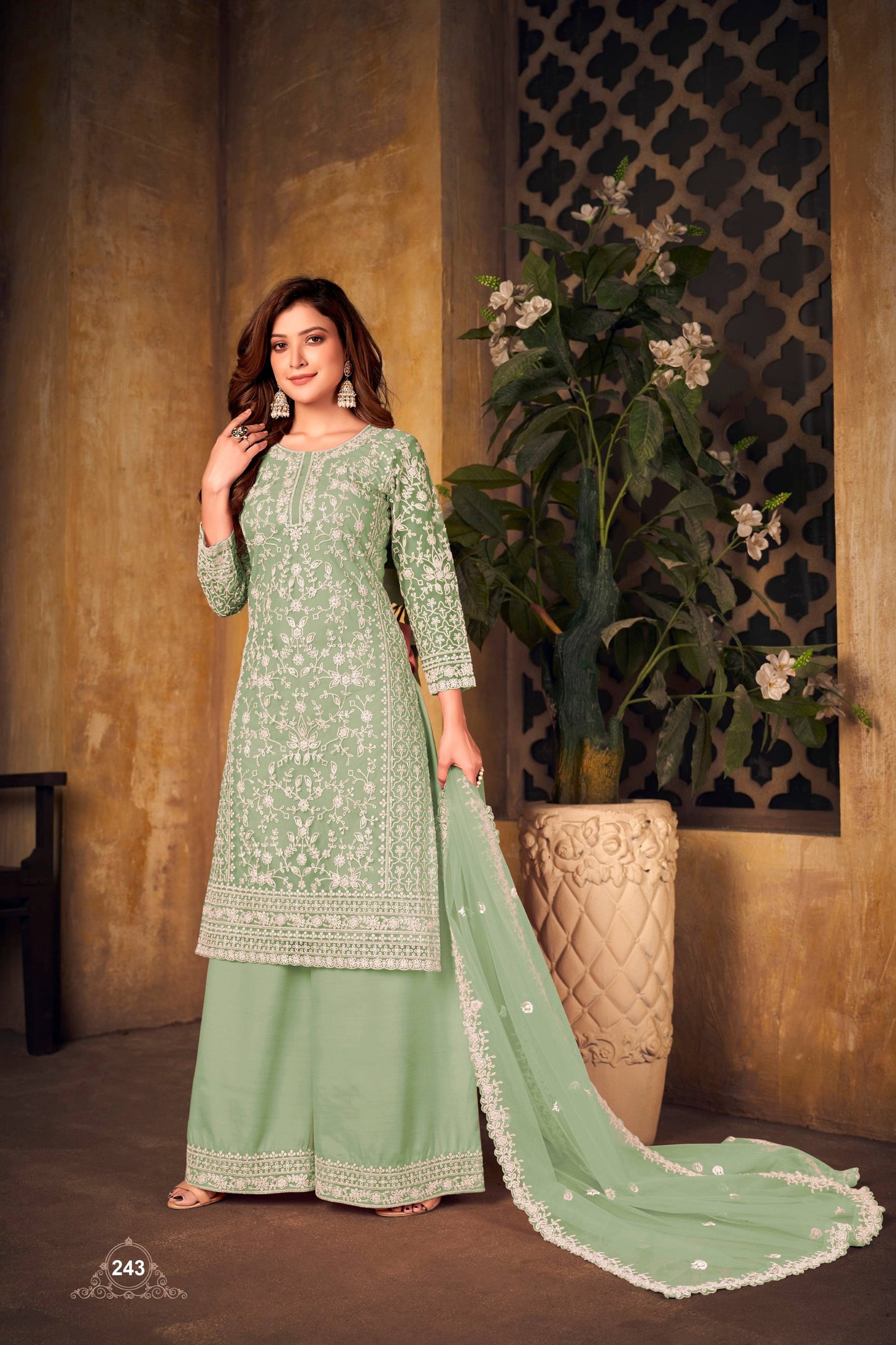 Anaita Light Green Embroidered Net Plazzo Suit