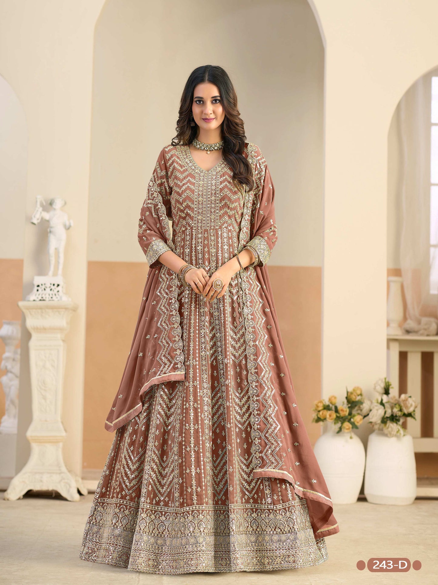 Anaita Brown Faux Georgette Anarkali Suit With Embroidery Work