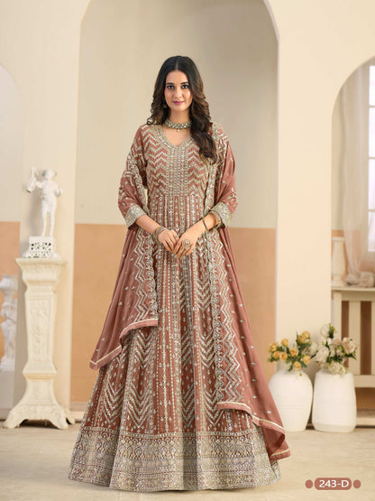 Anaita Brown Faux Georgette Anarkali Suit With Embroidery Work