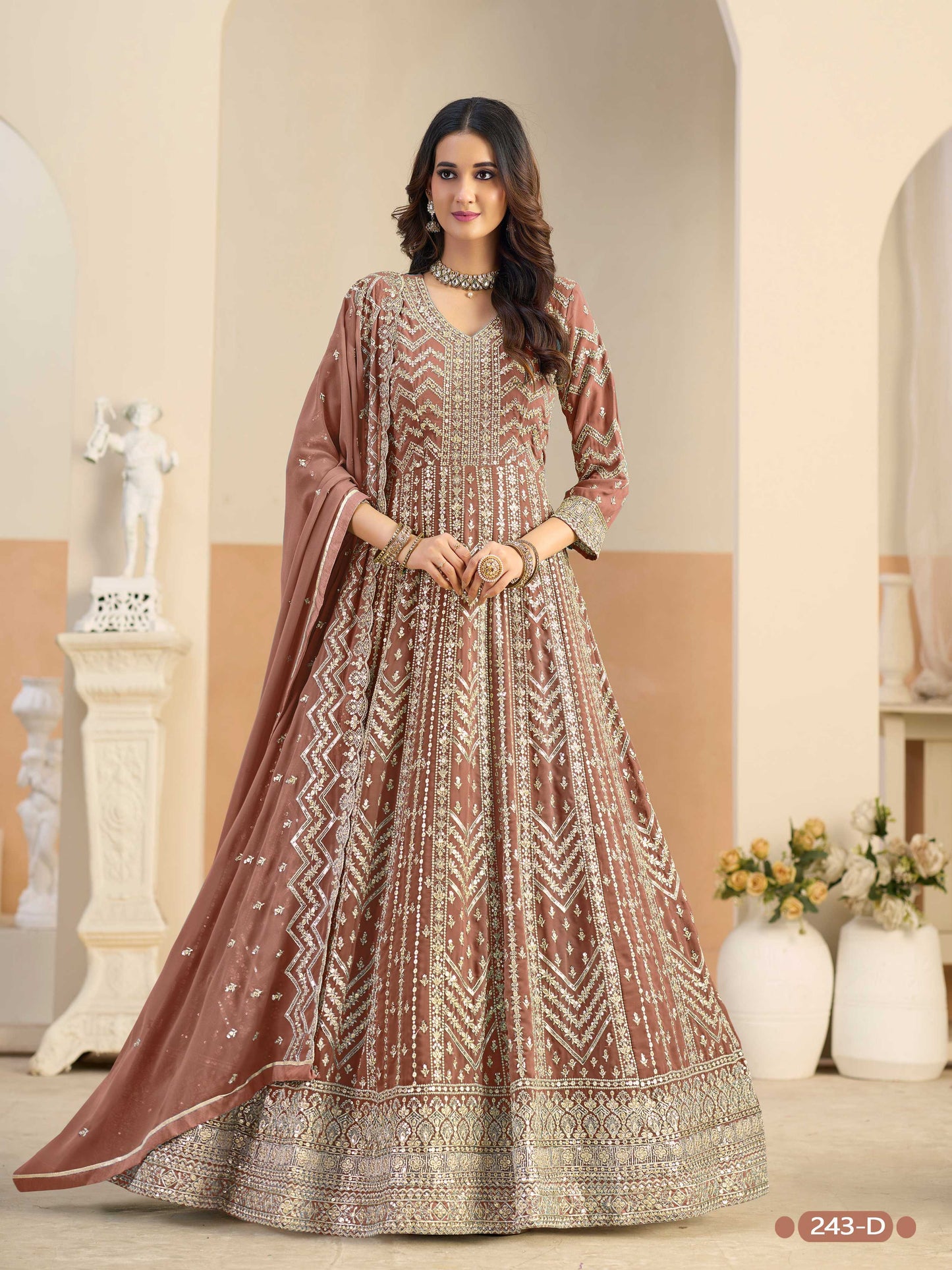 Anaita Brown Faux Georgette Anarkali Suit With Embroidery Work
