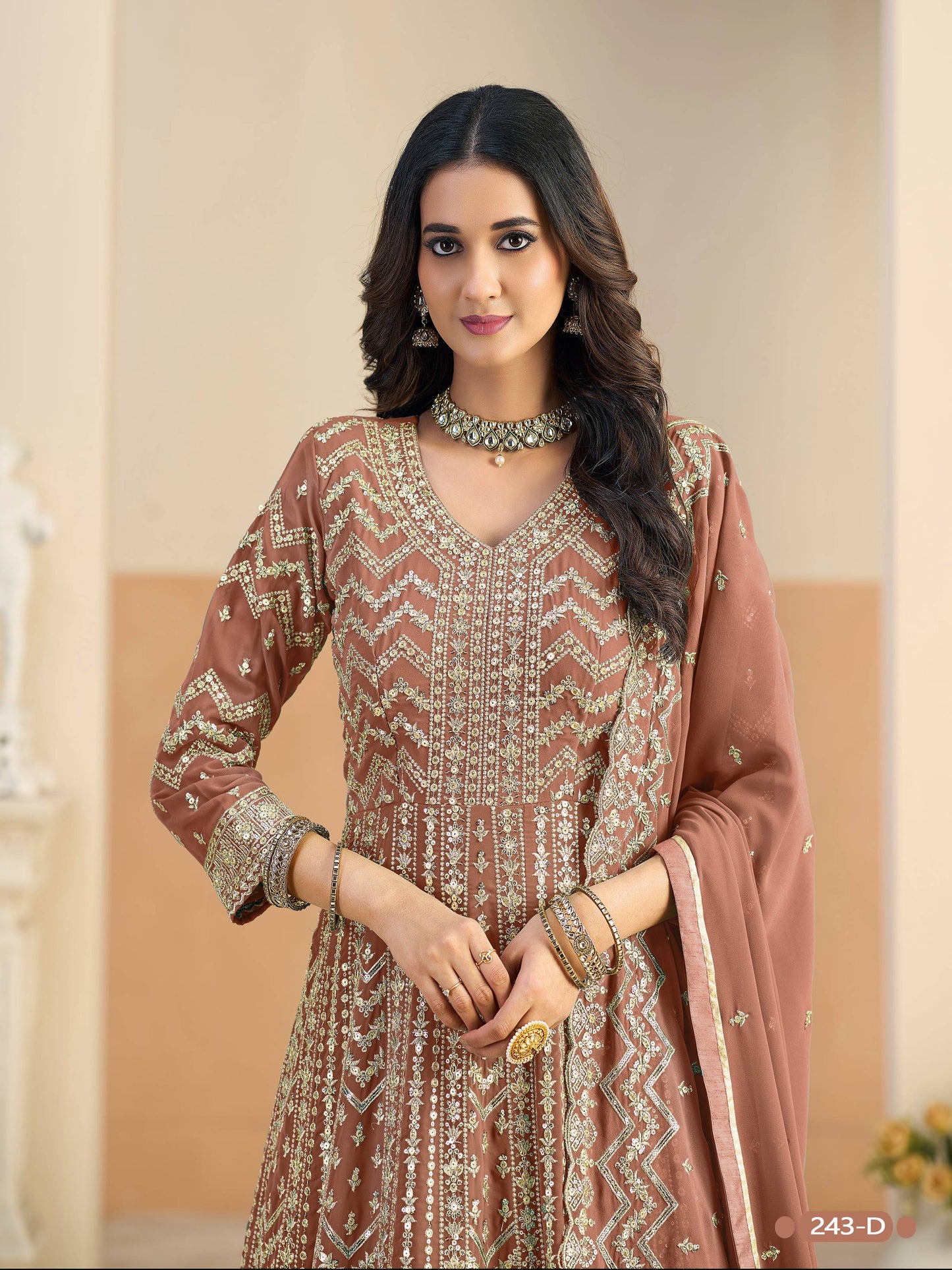Anaita Brown Faux Georgette Anarkali Suit With Embroidery Work