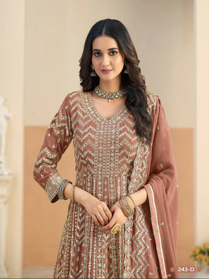 Anaita Brown Faux Georgette Anarkali Suit With Embroidery Work