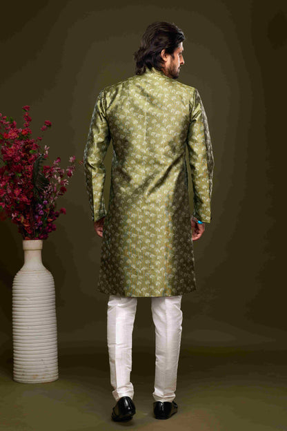Raivat Ethnic Banarasi Jacquard Embroidery Semi Indo Western Sherwani In Green Colour