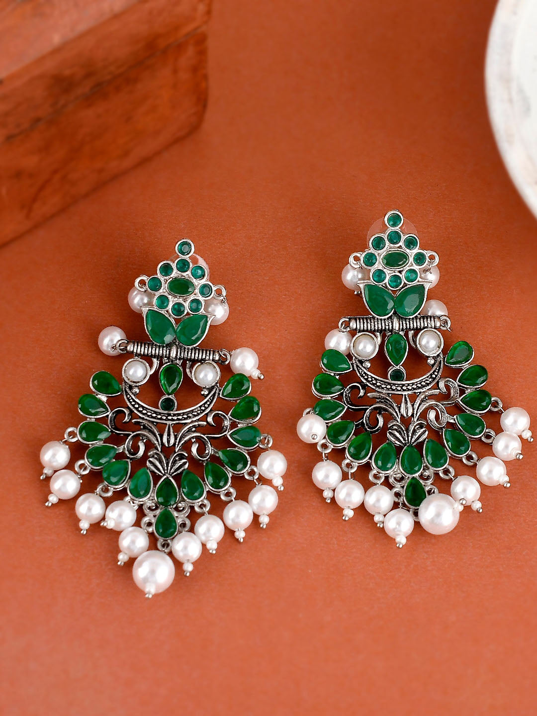 Shoshaa Silver-Plated Green Handcrafted Drop Earrings With Pearl