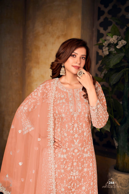 Anaita Orange Embroidered Net Plazzo Suit