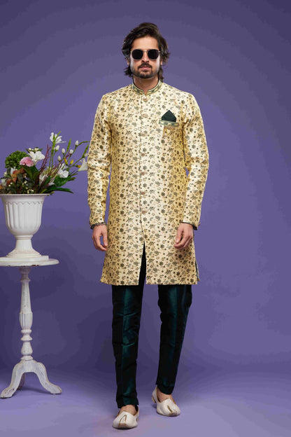 Raivat Ethnic Banarasi Jacquard Embroidery Semi Indo Western Sherwani In Gold Colour