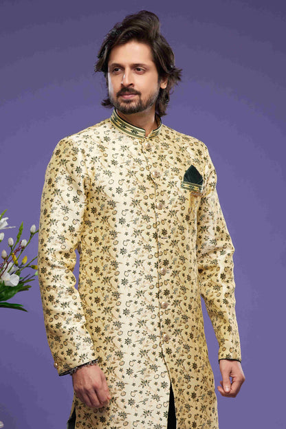 Raivat Ethnic Banarasi Jacquard Embroidery Semi Indo Western Sherwani In Gold Colour