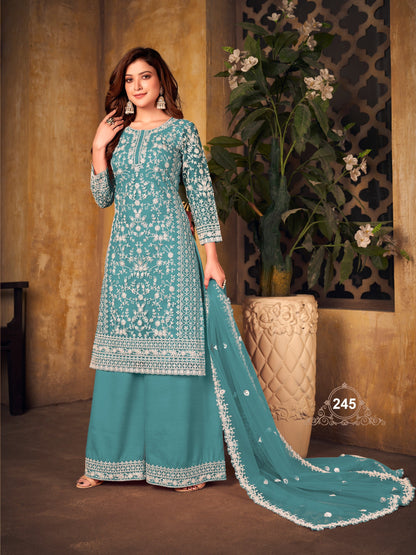 Anaita Teal Embroidered Net Plazzo Suit