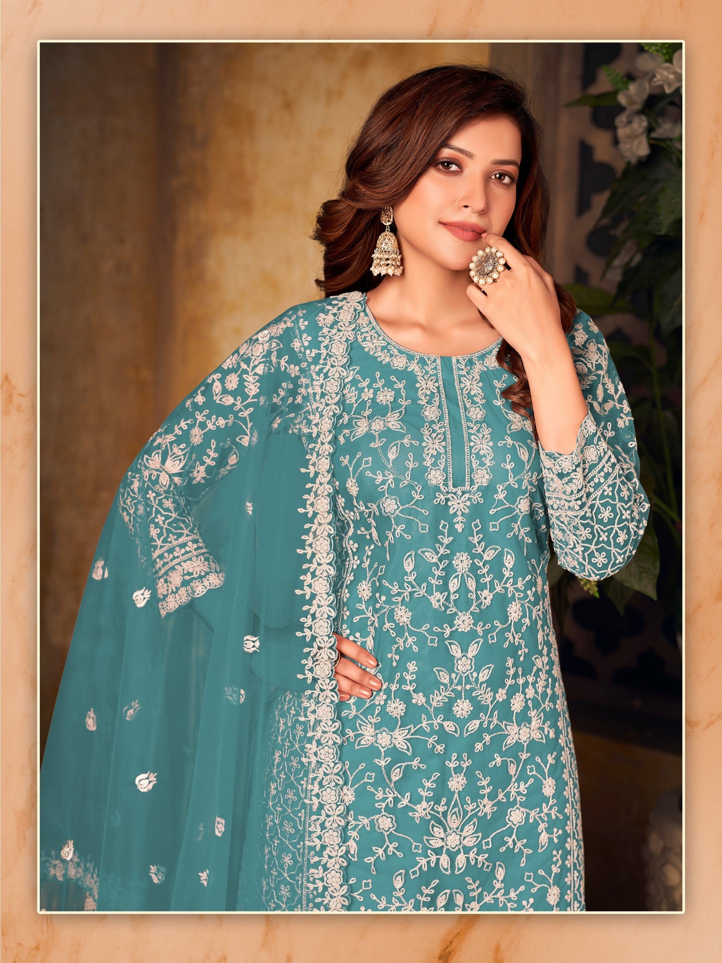 Anaita Teal Embroidered Net Plazzo Suit