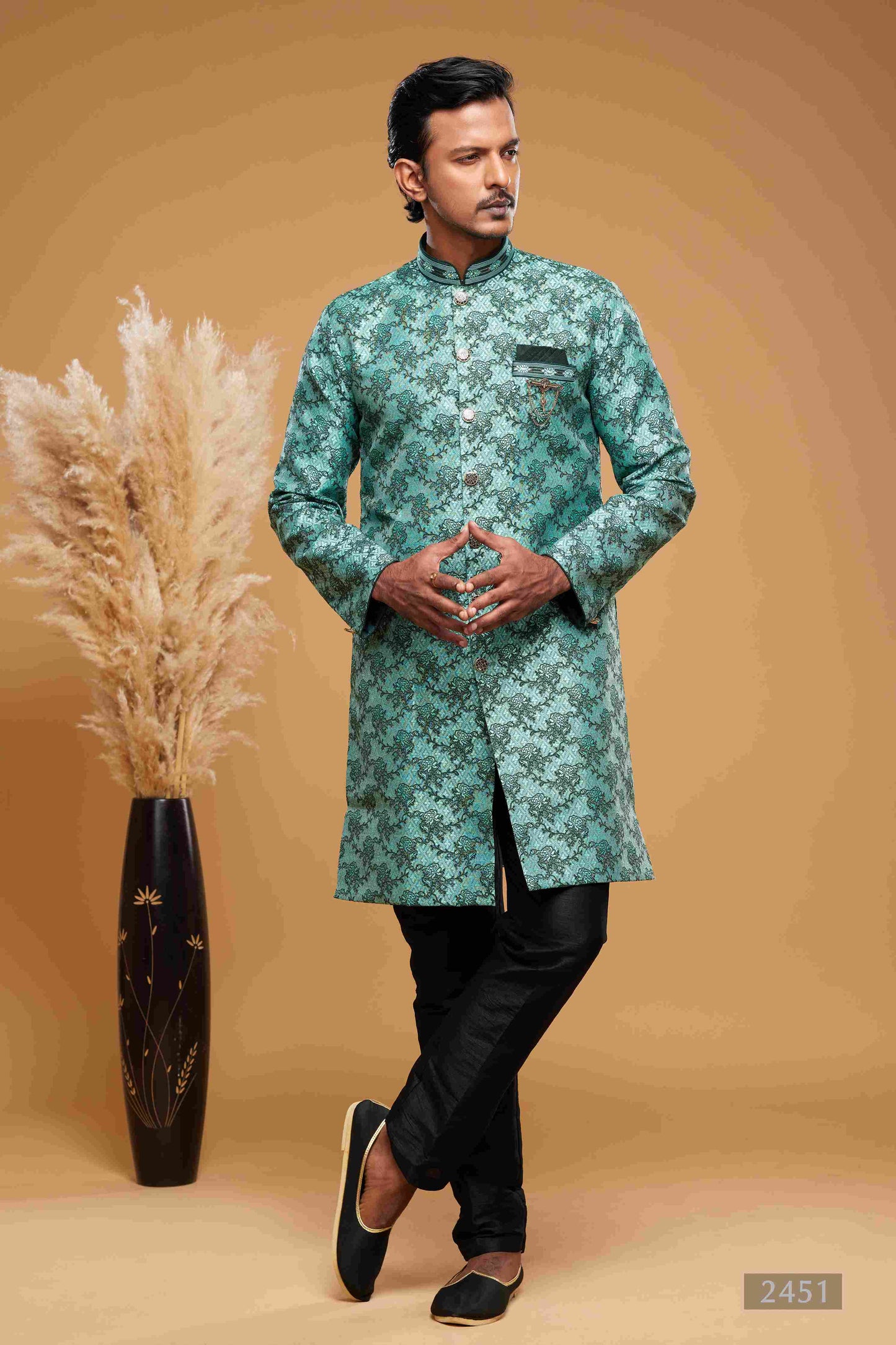 Raivat Ethnic Banarasi Jacquard Embroidery Semi Indo Western Sherwani In Green Colour