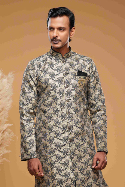 Raivat Ethnic Banarasi Jacquard Embroidery Semi Indo Western Sherwani In Beige Black Colour