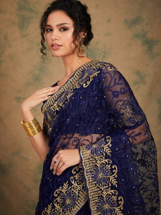 Sangria Embroidered Net Sarees