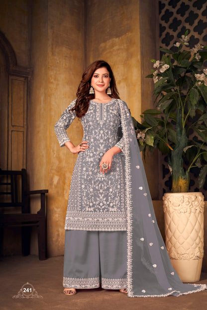 Anaita Grey Embroidered Net Plazzo Suit