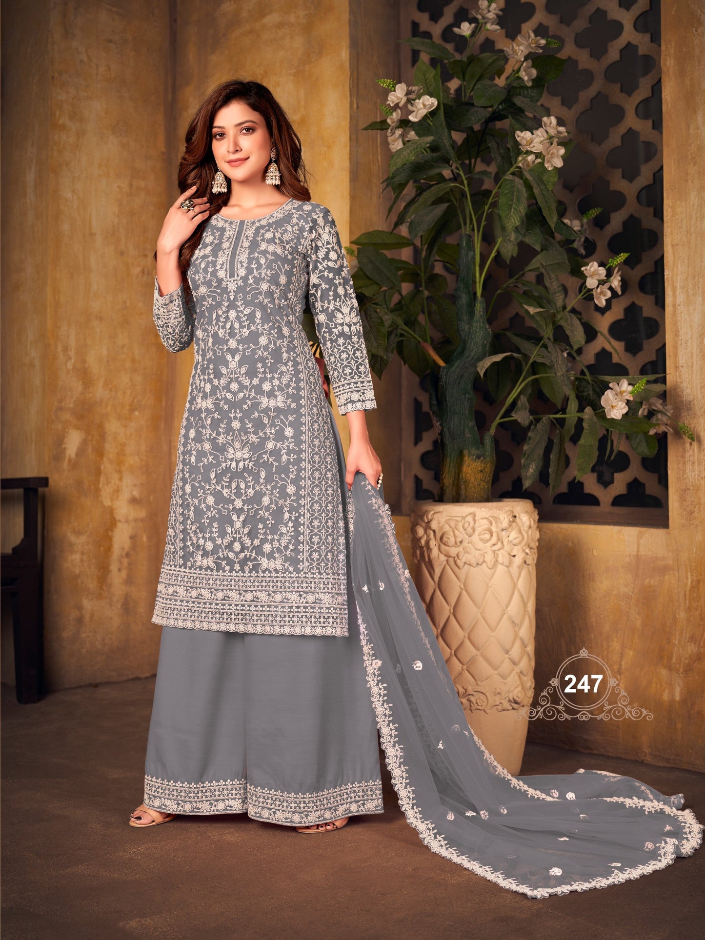 Anaita Grey Embroidered Net Plazzo Suit