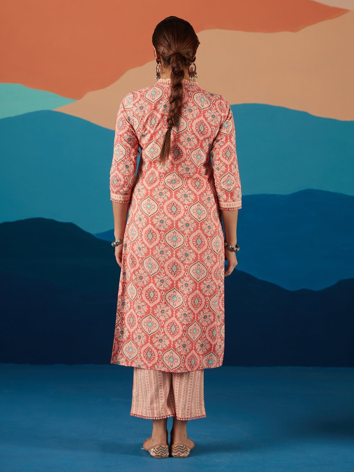 Likha Peach Jaipuri Buta printed Kurta with Dupatta LIKSKD186 (Set of 3) - M