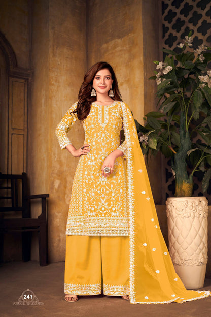 Anaita Yellow Embroidered Net Plazzo Suit