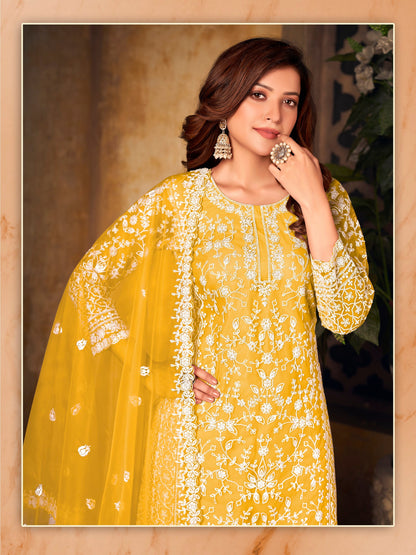 Anaita Yellow Embroidered Net Plazzo Suit