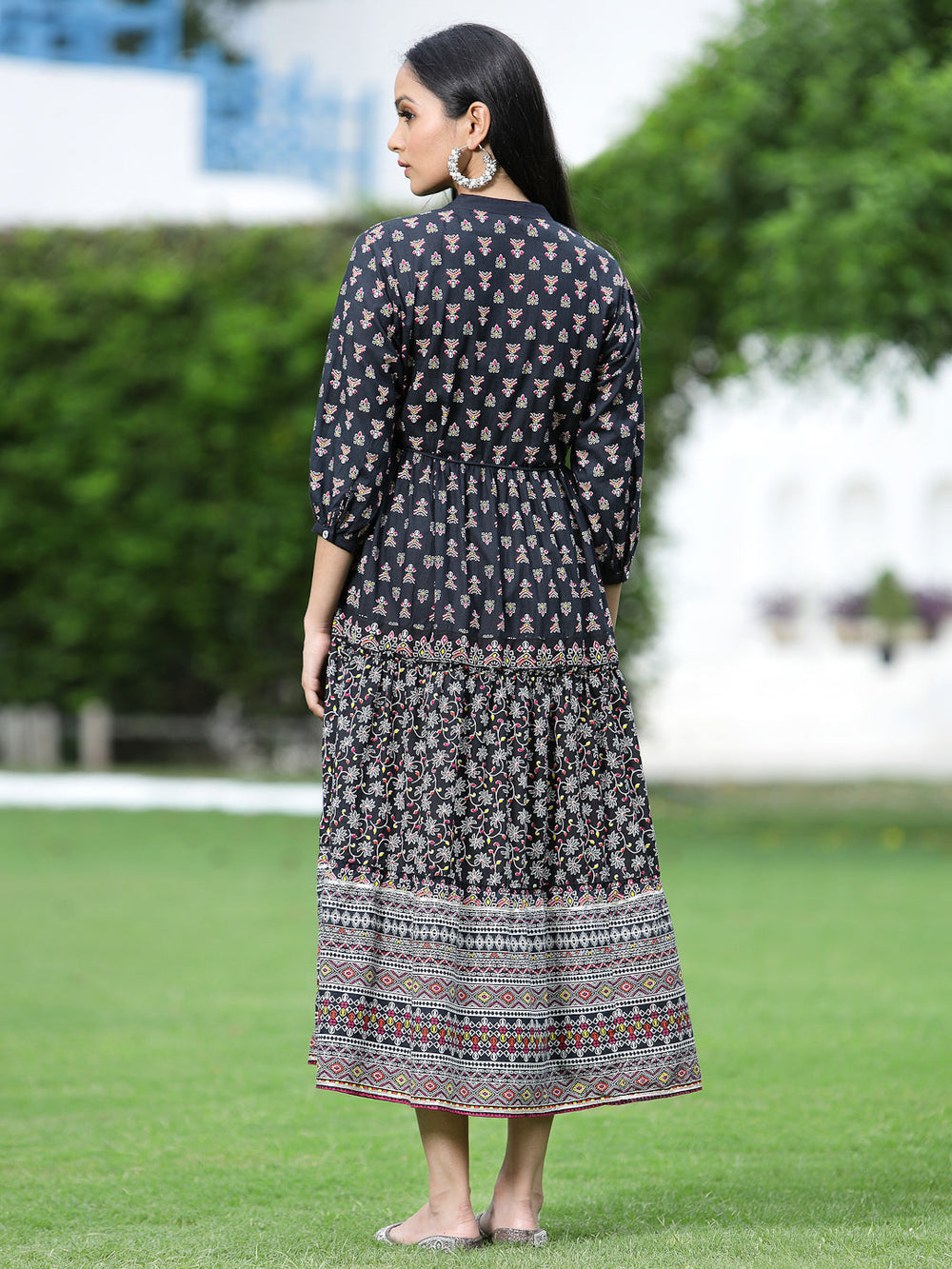 Juniper Women's Black Cambric Printed Tiered Dress
