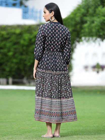Juniper Women's Black Cambric Printed Tiered Dress