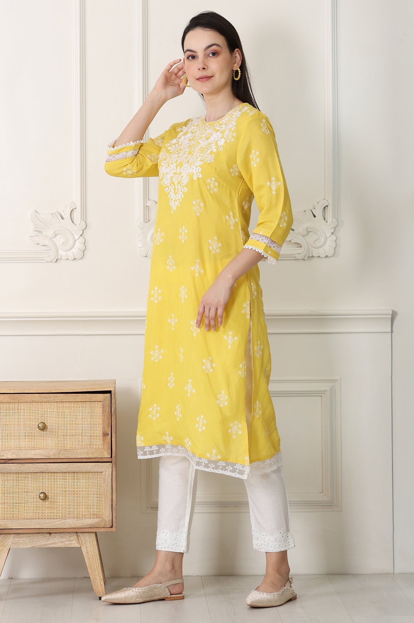W for Woman Yellow Floral Printed Dull Shantung Chikankari Straight Kurta