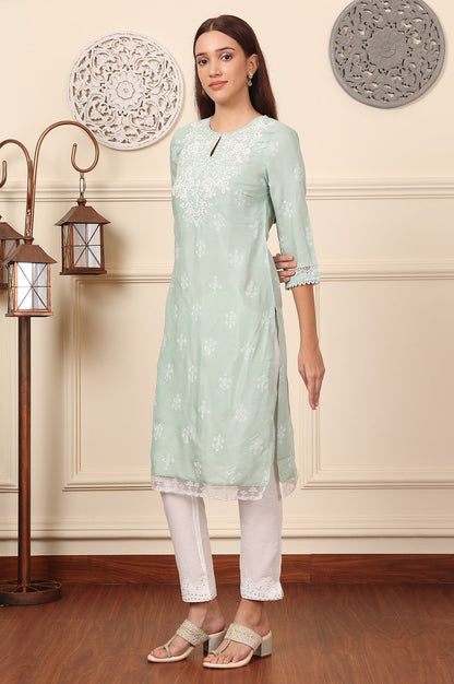 W for Woman Mint Green Floral Printed Chikankari Straight Kurta