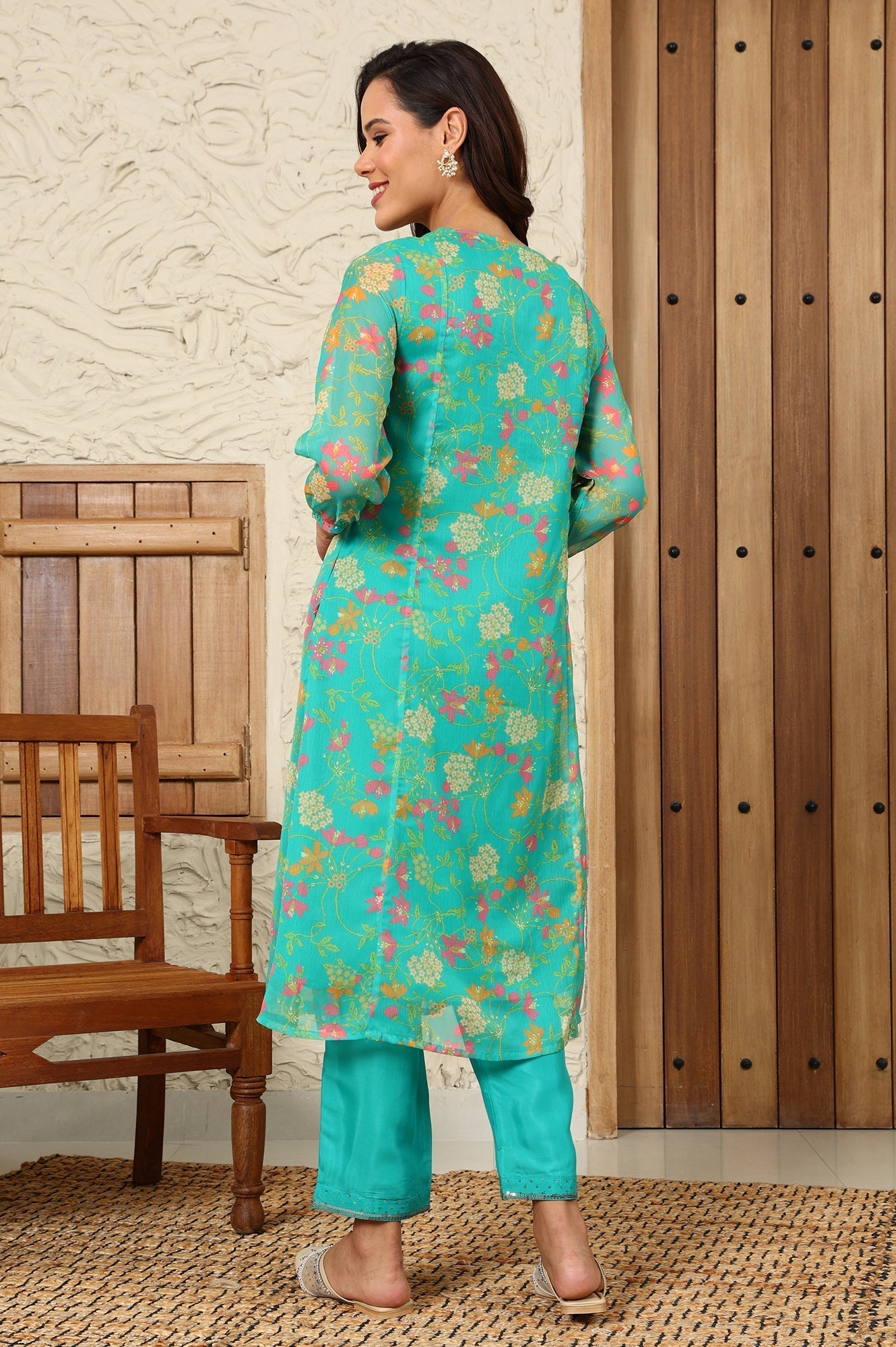 W for Woman Teal Blue Floral Printed Embroidered Neckline Chiffon A-Line Kurta