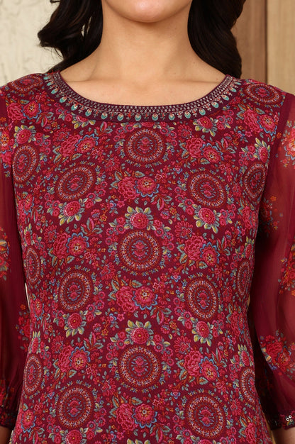 W for Woman Wine Floral Printed Dori Embroidered Chiffon Kurta With Attached Lining