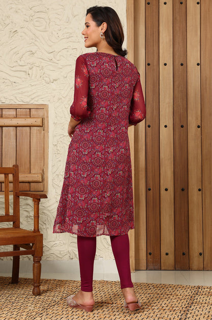 W for Woman Wine Floral Printed Dori Embroidered Chiffon Kurta With Attached Lining