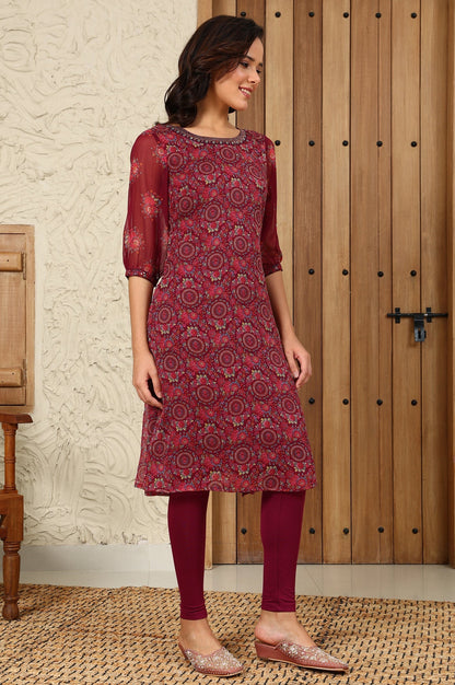W for Woman Wine Floral Printed Dori Embroidered Chiffon Kurta With Attached Lining