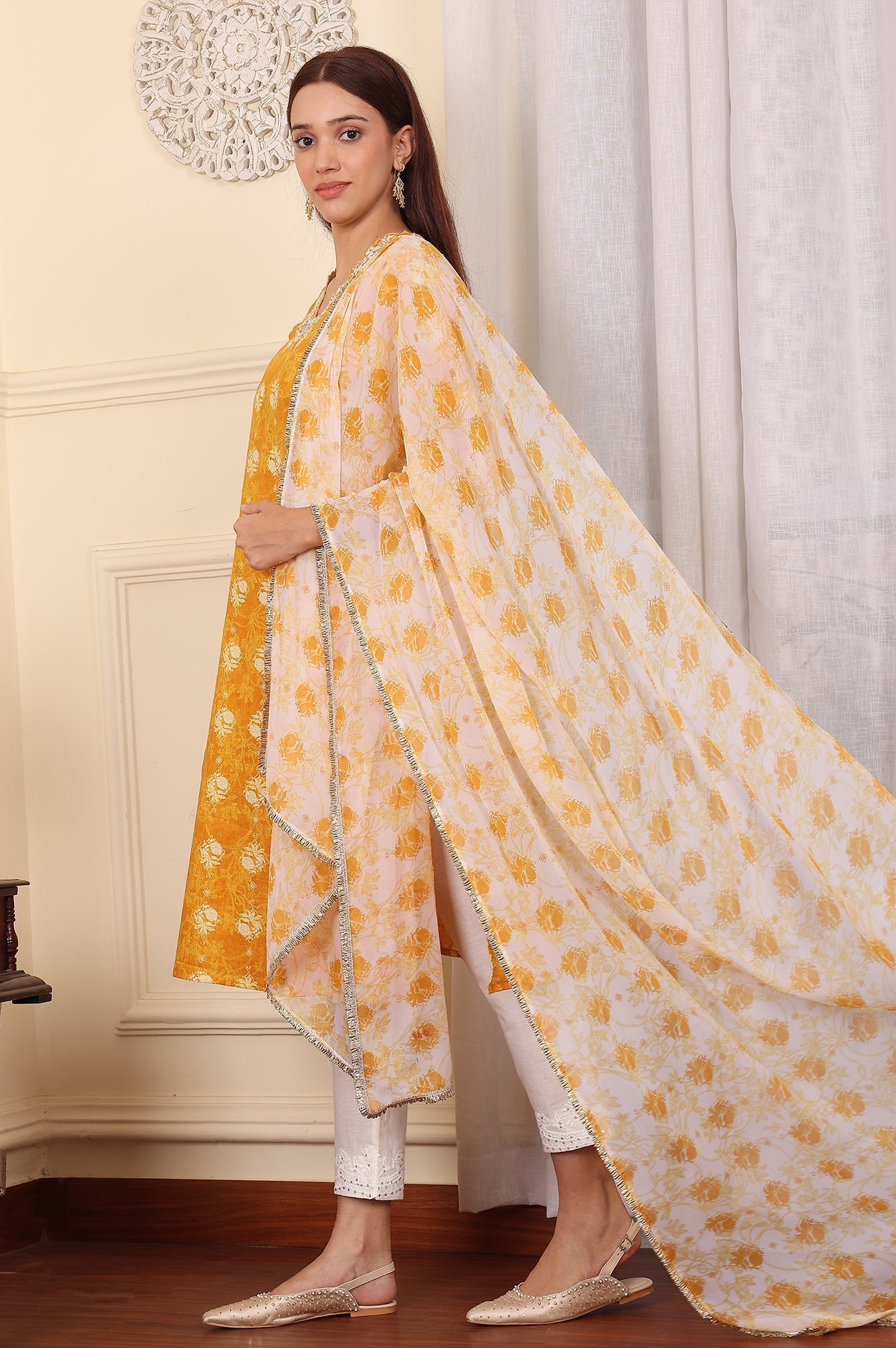 W for Woman White And Yellow Floral Printed Chiffon Dupatta With Gota Patti Border