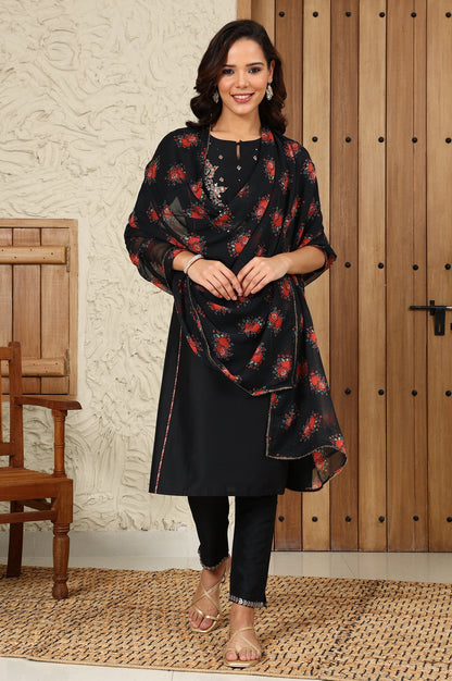 W for Woman Black Floral Printed Chiffon Dupatta