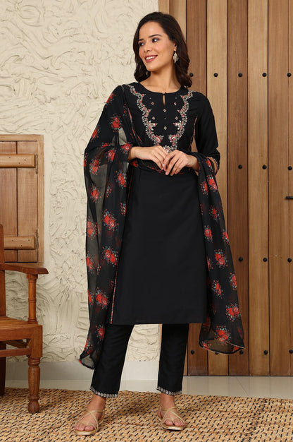W for Woman Black Floral Printed Chiffon Dupatta