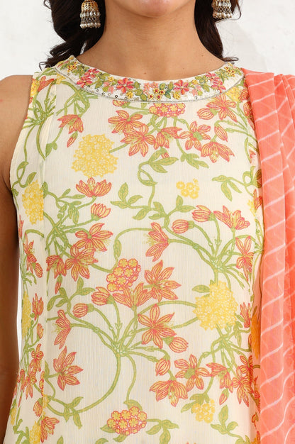 W for Woman White Floral Printed Thread Embroidered Neck Chiffon A-Line Kurta, Straight Pants And Dupatta Set