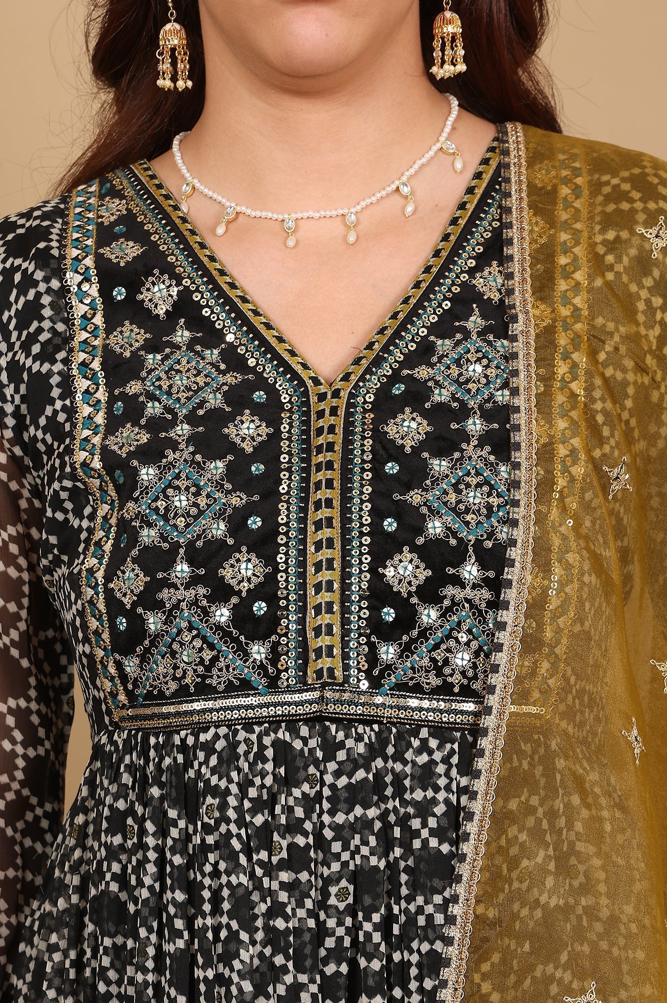 W for Woman Black Printed Chiffon Kurta with Embroidery, Churidar and Dupatta Set
