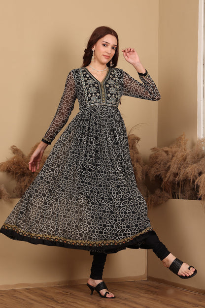 W for Woman Black Printed Chiffon Kurta with Embroidery, Churidar and Dupatta Set