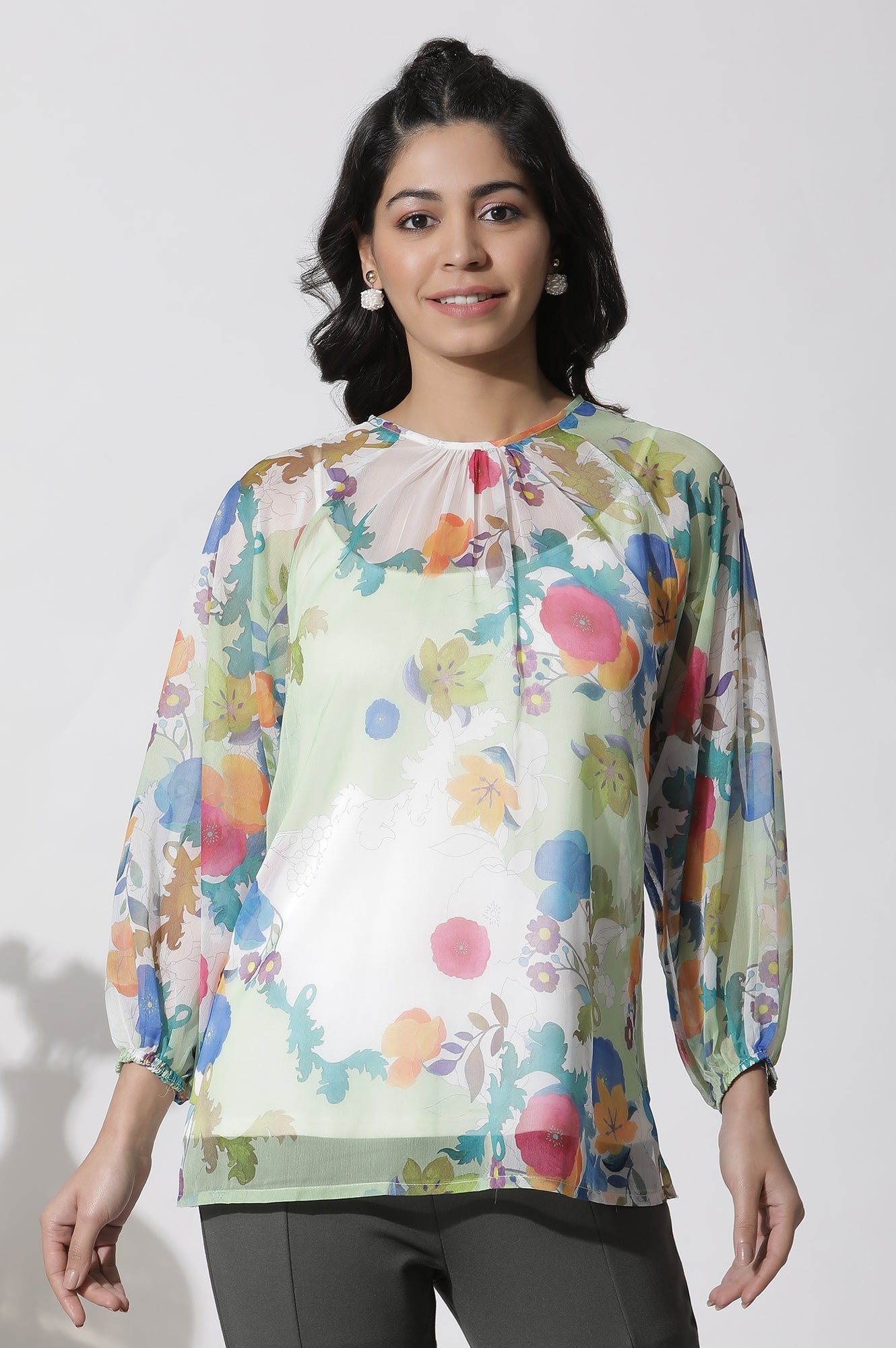 W for Woman Whote Floral Printed Chiffon Top
