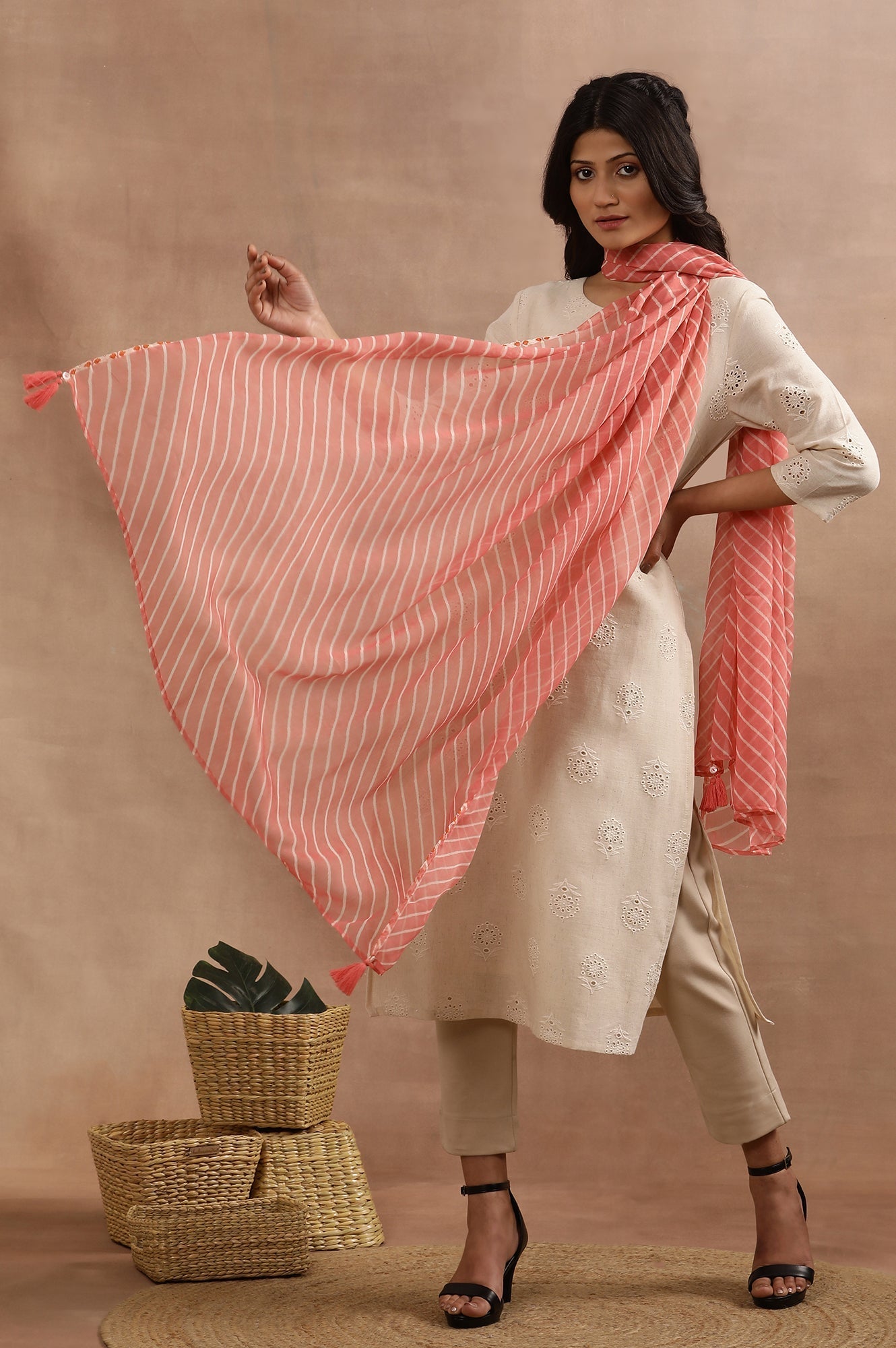 W for Woman Coral Pink Chiffon Dupatta With Lehariya Stripe Print