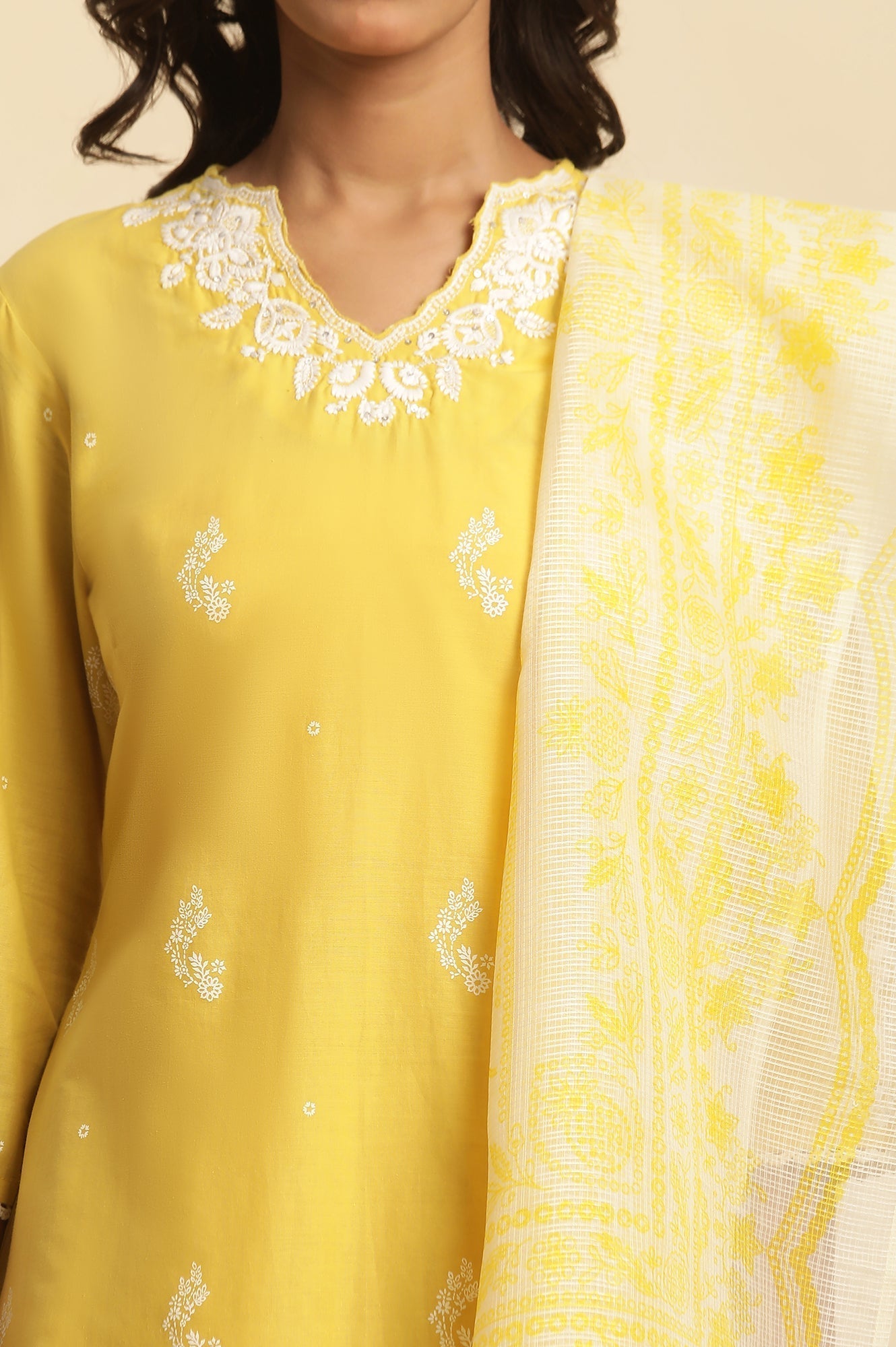 W for Woman Yellow Chikankari Embroidered Kurta, Sharara And Dupatta Set