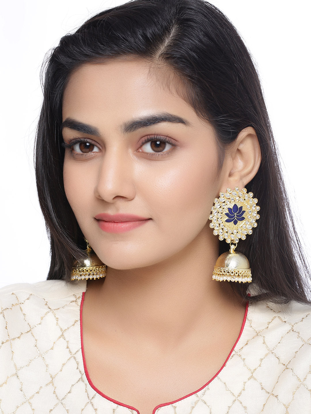 Shoshaa Gold-Polished Navy Blue Kundan-Studded Classic Jhumkas